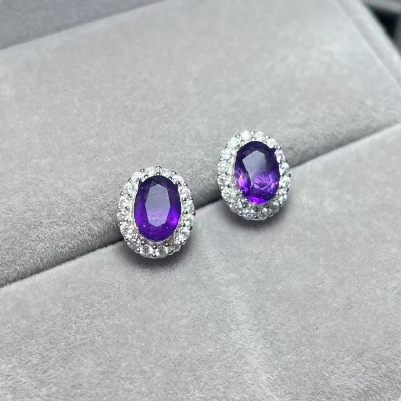 925 sterling silver Natural amethyst Approx5*7mm stud earrings for women earrings