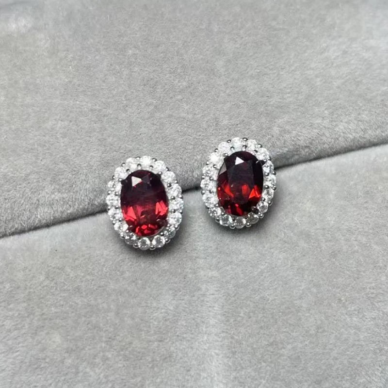 925 sterling silver  Natural red garnet  5*7mm  stud earrings for women earrings
