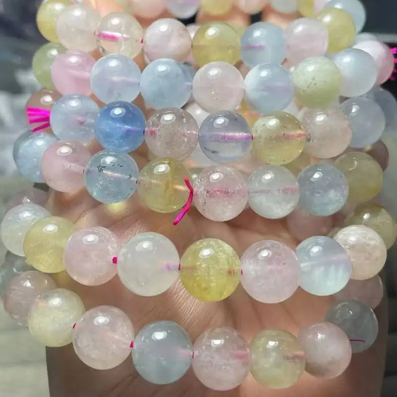 2 bracelets AKAC environ 10-10,8 mm perles de béryl morganite transparente naturelle avec quelques points noirs, vente en gros