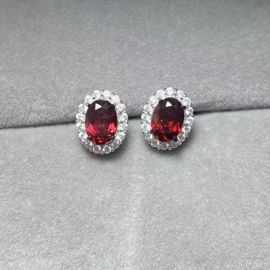 925 sterling silver  Natural red garnet  5*7mm  stud earrings for women earrings