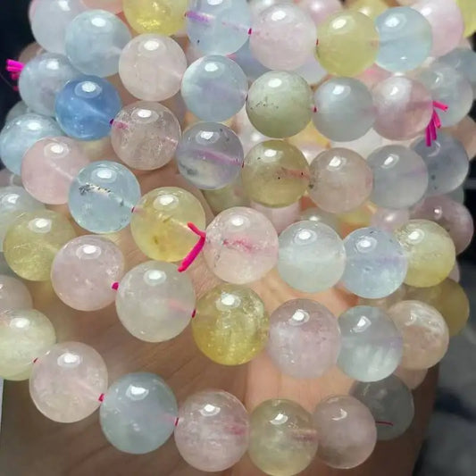 2 bracelets AKAC environ 10-10,8 mm perles de béryl morganite transparente naturelle avec quelques points noirs, vente en gros