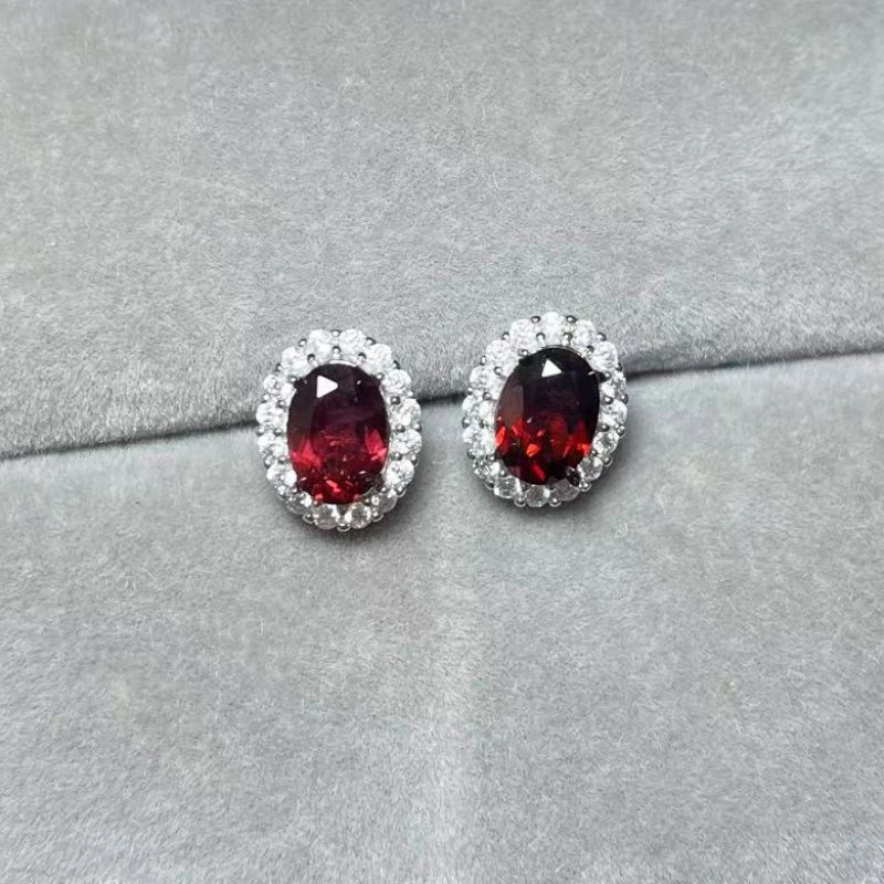 925 sterling silver  Natural red garnet  5*7mm  stud earrings for women earrings