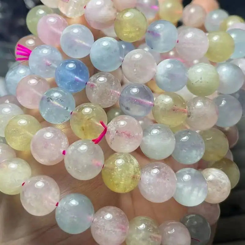2 bracelets AKAC environ 10-10,8 mm perles de béryl morganite transparente naturelle avec quelques points noirs, vente en gros