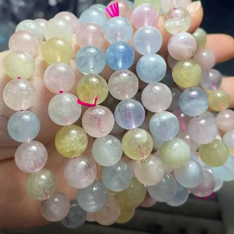 2 bracelets AKAC environ 10-10,8 mm perles de béryl morganite transparente naturelle avec quelques points noirs, vente en gros