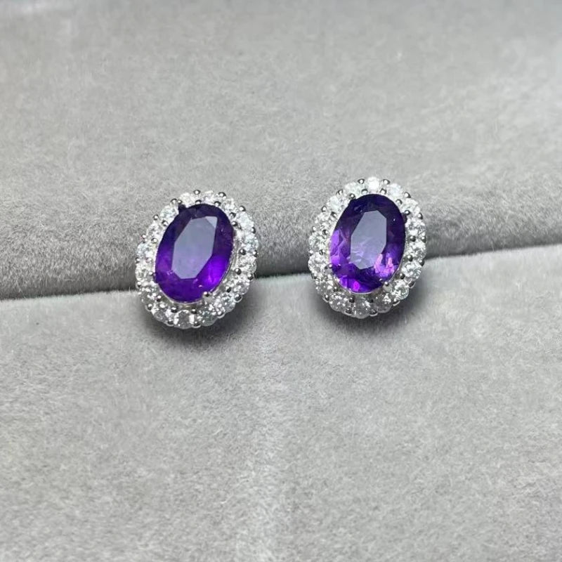 925 sterling silver  Natural amethyst  Approx5*7mm  stud earrings for women earrings