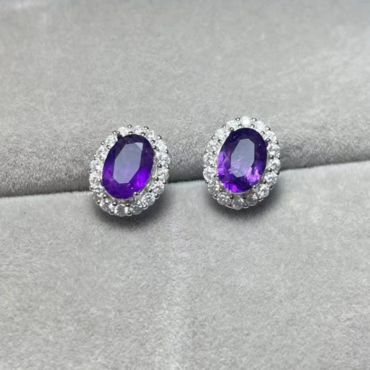 925 sterling silver  Natural amethyst  Approx5*7mm  stud earrings for women earrings